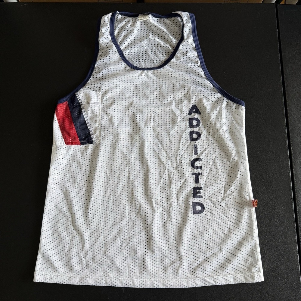Addicted Mens Tank Top Size M White Mesh See Thru Muscle Clubwear Gay Interest - Picture 3 of 10